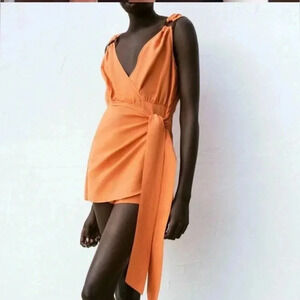 ZARA ORANGE CROSSOVER TIED WRAP  JUMPSUIT WITH BOW 1971/092 linen